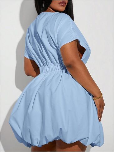 WDIRARA Women's Plus Size Deep V Neck Bubble Dress Short Sleeve A Line Mini Dresses in Saudi Arabia