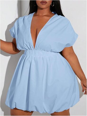 WDIRARA Women's Plus Size Deep V Neck Bubble Dress Short Sleeve A Line Mini Dresses in Saudi Arabia