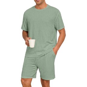 Prinstory Mens Pajamas مجموعة Summer PJS مجموعات خفيفة الوزن قصيرة الأكمام السراويل Pajama مجموعة ملابس ناعمة ملابس ناعمة مع جيوب in Kuwait