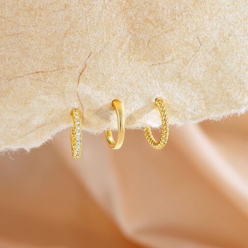 Foxgirl 4 Pairs Chunky Small Huggie Hoop Earrings for Women - Dainty 14K Gold/Sterling Silver Plated Hypoallergenic Lightweight Stack Earring Sets for Multiple Piercing Trendy Jewelry in Kuwait