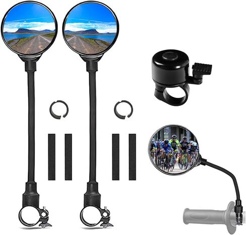 Bike Mirror With Bike Bell 360° Adjustable HD Convex Handlebar Mirror Anti-Scratch Glass Riding Mirrors (2* Mirror + 1* Bell) in Kuwait