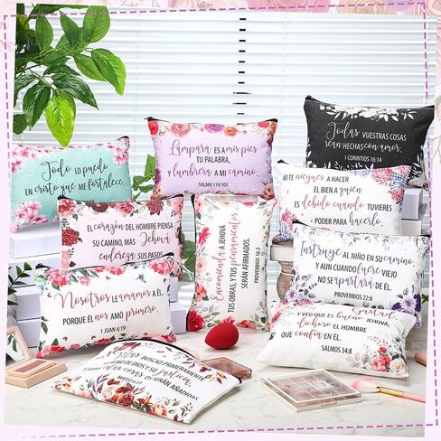 Kacctyen 18 Pcs Spanish Bible Christian Women's Religious Gift Mother's Day Gifts Cosmetic Bags Inspirational Bible Verse Pencil Pouch Motivational Makeup Bag with Zipper for Travel (Fresh) in Saudi Arabia