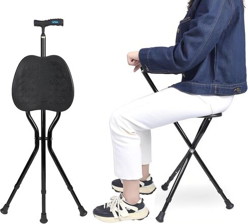 انليكون عصا مشي خفيفة الوزن قابلة للطي من الالومنيوم بسعة 250 باوند، عصا مشي بثلاثة ارجل مع مقبض، عصا سفر مع مقعد للبالغين (فضي) in Kuwait