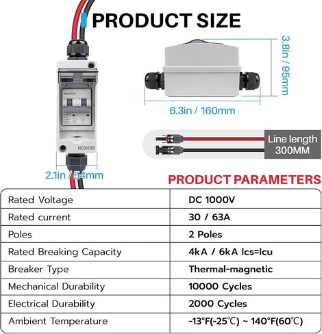 63 Amp Solar Panel Disconnect Switch,1000 VDC Solar Circuit Breaker with PV Cable,IP65 Disconnect Box Outdoor for Solar Power Panels in Saudi Arabia