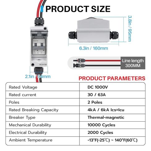 63 Amp Solar Panel Disconnect Switch,1000 VDC Solar Circuit Breaker with PV Cable,IP65 Disconnect Box Outdoor for Solar Power Panels in Saudi Arabia