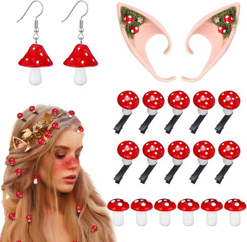 Misdary 18 Pcs Renaissance Mushroom Hair Accessories Set Include Clip Mushroom Earrings Fairy Elf Ears Foam Halloween Cosplay for Adult Women Medieval Festival Play Party in Saudi Arabia