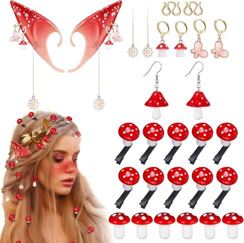 Misdary 18 Pcs Renaissance Mushroom Hair Accessories Set Include Clip Mushroom Earrings Fairy Elf Ears Foam Halloween Cosplay for Adult Women Medieval Festival Play Party in Saudi Arabia