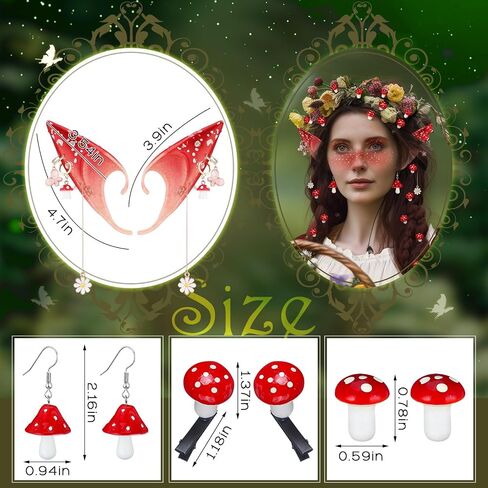Misdary 18 Pcs Renaissance Mushroom Hair Accessories Set Include Clip Mushroom Earrings Fairy Elf Ears Foam Halloween Cosplay for Adult Women Medieval Festival Play Party in Saudi Arabia
