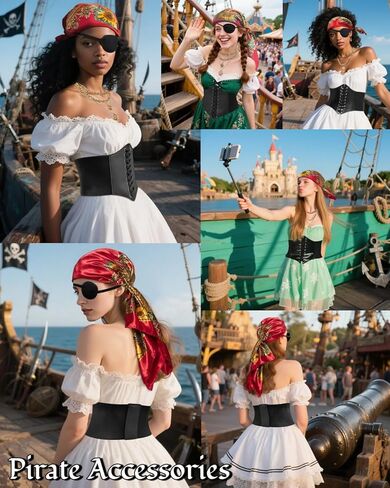 kasahara 4 Pcs Pirate Costume Accessories Women Pirate Hat Head Scarf Headband Wrap Pirate Corset Belt Eye Patch Necklace in Kuwait