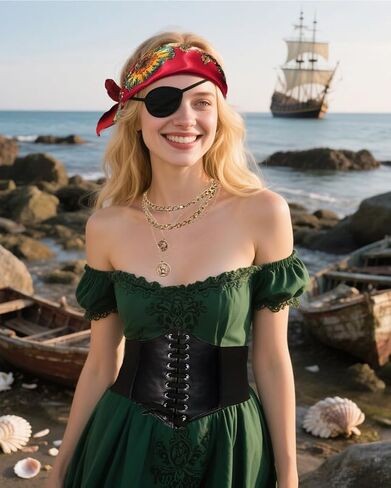 kasahara 4 Pcs Pirate Costume Accessories Women Pirate Hat Head Scarf Headband Wrap Pirate Corset Belt Eye Patch Necklace in Kuwait