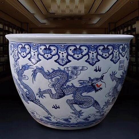 Small Fish Tank Retro Hand-Painted Carved Dragon Pattern Ceramic Fish Tank Lotus Basin Living Room Office Hotel Water Tank Fish Tank Kit(Large) in Saudi Arabia