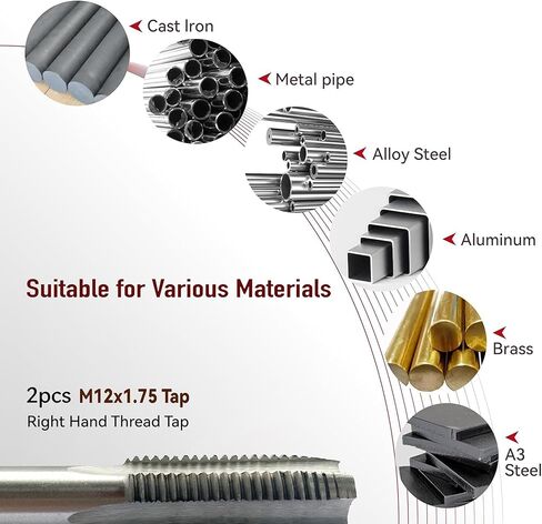 2PCS M12x1.75 TAP ، M12 1.75mm Metric Hand Thread Thore ، M12 × 1.75 مم طحن خيط فولاذي عالي السرعة مناسبة لمختلف المعادن ، M12 قطر الصنبور 12 مم ، الملعب 1.75 ملم in Kuwait