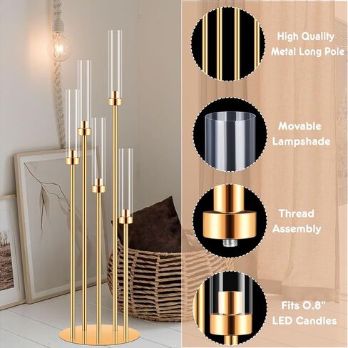 2 مجموعات Candelabra مركزية للجداول ، 42 '' 'طويل 5 الأسلحة حامل الشموع مع عاكس الضوء ، والزفاف المركزية ، حاملي شموع الذهب لحفل الزفاف ، ديكور المنزل هدية ، Fit LED شموع LED in Kuwait