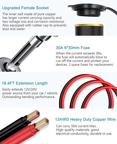 ALITOVE 12AWG Cigarette Lighter Extension Cord 12FT 30A 360W Max. Heavy Duty Power Cable Male Plug to Female Socket for 12V 24V Car Vehicle Tire Pump Air Compressor Refrigerator Coffee Maker in Saudi Arabia