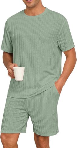 Prinstory Mens Pajamas مجموعة Summer PJS مجموعات خفيفة الوزن قصيرة الأكمام السراويل Pajama مجموعة ملابس ناعمة ملابس ناعمة مع جيوب in Kuwait