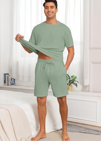 Prinstory Mens Pajamas مجموعة Summer PJS مجموعات خفيفة الوزن قصيرة الأكمام السراويل Pajama مجموعة ملابس ناعمة ملابس ناعمة مع جيوب in Kuwait