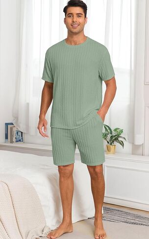 Prinstory Mens Pajamas مجموعة Summer PJS مجموعات خفيفة الوزن قصيرة الأكمام السراويل Pajama مجموعة ملابس ناعمة ملابس ناعمة مع جيوب in Kuwait