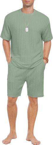 Prinstory Mens Pajamas مجموعة Summer PJS مجموعات خفيفة الوزن قصيرة الأكمام السراويل Pajama مجموعة ملابس ناعمة ملابس ناعمة مع جيوب in Kuwait