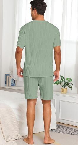 Prinstory Mens Pajamas مجموعة Summer PJS مجموعات خفيفة الوزن قصيرة الأكمام السراويل Pajama مجموعة ملابس ناعمة ملابس ناعمة مع جيوب in Kuwait