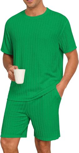 PrinStory Mens Pajamas Set Summer Pjs Sets Lightweight Short Sleeve Pajama Shorts Set Soft Sleepwear Loungewear with Pockets in Kuwait