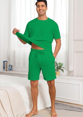 PrinStory Mens Pajamas Set Summer Pjs Sets Lightweight Short Sleeve Pajama Shorts Set Soft Sleepwear Loungewear with Pockets in Kuwait