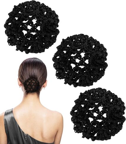 PENTA ANGEL Hair Bun Covers 3Pcs Elastic Crochet Knit Invisible Hair Nets Snood Accessory for Women Girls Dance Ballet Skating (Black, 8cm) in Saudi Arabia