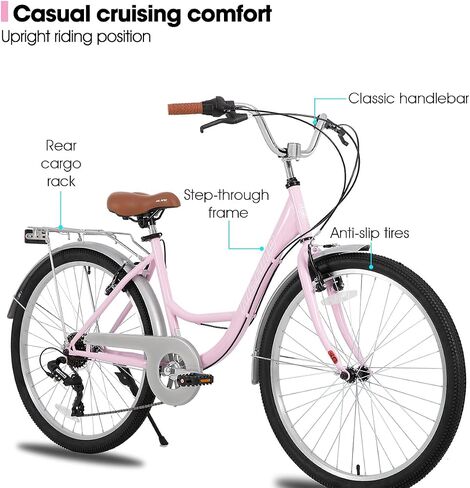 HILAND 26 Inch Hybrid Bike for Adult Women Female, 7-Speed, Lightweight Step Through Hi-Ten Steel Frame City Commuter Comfort Lady Bicycle, Beach Cruiser Bike, Multiple Colors in Saudi Arabia