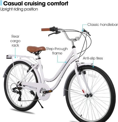 هيلاند 26 في الدراجة الهجينة للسيدات للبالغين ، 7 سرعات خطوة من خلال Hi-Ten Steel Frame City Commuter Beach Cruiser Bike و Hybrid Bicycle و Multicolor in Kuwait