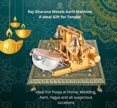 Metal Automatic Aarti Machine for Home - Small Arti Machine for House Temple - Atri Machine with Drum, Bells with Adjustable Arti Tempo/Rhythm - Ideal Gift for All Occasion, Gold in Saudi Arabia