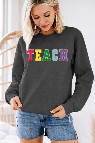 ALLTB Teacher Sweatshirt for Womens Colorful Retro Teacher Pullover Embroidery Teacher Life Casual Long Sleeve Tops in Saudi Arabia