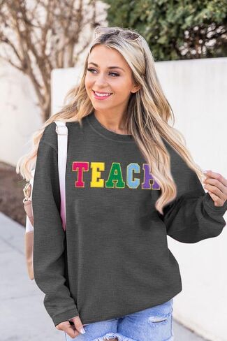 ALLTB Teacher Sweatshirt for Womens Colorful Retro Teacher Pullover Embroidery Teacher Life Casual Long Sleeve Tops in Saudi Arabia