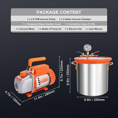 Happybuy 3 Gallon Vacuum Chamber & 3.5 CFM Pump Kit, Tempered Glass Lid Vacuum Degassing Chamber, Single-Stage Pump, 250ml Oil Bottle, for Stabilizing Wood, Degassing Epoxies & Silicones, 110V, 1/4HP in Saudi Arabia