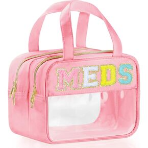 Chenille Letter Clear Medicine Bags, Makeup Bag for Travel, Preppy Patch Nylon Cosmetic Meds Pouch with Handles and Zipper, Waterproof Large Clear Travel Toiletry Purse Storage for Women Green in Kuwait