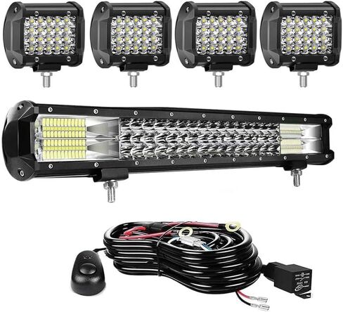 LED Light Bar- 20/22 Inch Curved 390W Triple Row Offroad Driving Spot Flood Combo Beam Bar + 4pc 4inch 72W Led Pod Lights with Wiring Harness Fit for Pickup Trucks SUV ATV UTV Boat Lights in Kuwait