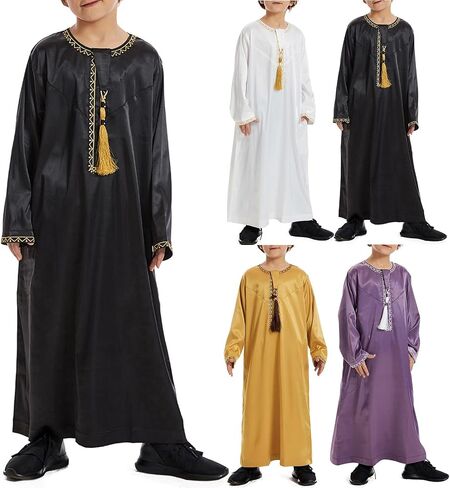 الأولاد المسلمين Thobe Kids Long Sleeve Crewneck Asslim Kaftan Eid Assored Reted Robe Solid Color Clay in Saudi Arabia