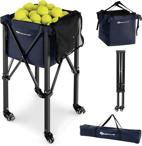 Goplus Foldable Tennis Ball Hopper, Lightweight Aluminum Tennis Ball Basket with Wheels, Removable Bag, Side Pockets, Carry Bag, Portable Sports Teaching Cart Holds 150 Tennis Balls in Saudi Arabia