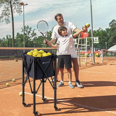 Goplus Foldable Tennis Ball Hopper, Lightweight Aluminum Tennis Ball Basket with Wheels, Removable Bag, Side Pockets, Carry Bag, Portable Sports Teaching Cart Holds 150 Tennis Balls in Saudi Arabia