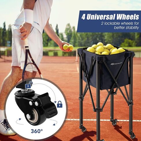 Goplus Foldable Tennis Ball Hopper, Lightweight Aluminum Tennis Ball Basket with Wheels, Removable Bag, Side Pockets, Carry Bag, Portable Sports Teaching Cart Holds 150 Tennis Balls in Saudi Arabia