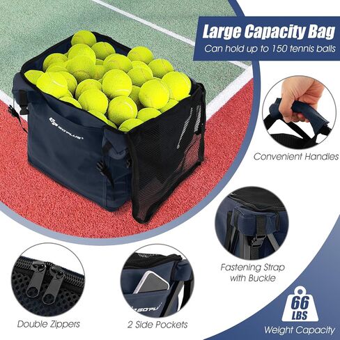Goplus Foldable Tennis Ball Hopper, Lightweight Aluminum Tennis Ball Basket with Wheels, Removable Bag, Side Pockets, Carry Bag, Portable Sports Teaching Cart Holds 150 Tennis Balls in Saudi Arabia