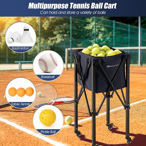 Goplus Foldable Tennis Ball Hopper, Lightweight Aluminum Tennis Ball Basket with Wheels, Removable Bag, Side Pockets, Carry Bag, Portable Sports Teaching Cart Holds 150 Tennis Balls in Saudi Arabia