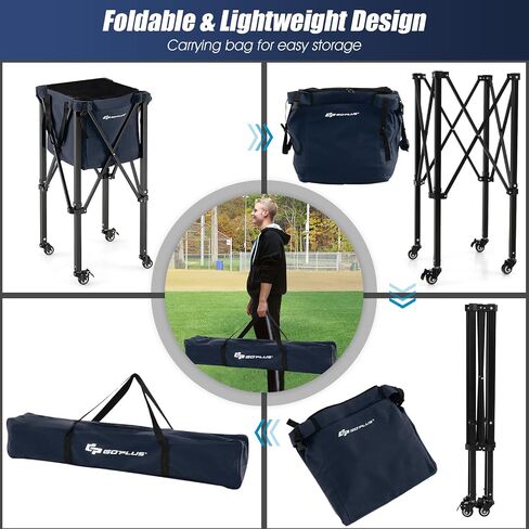 Goplus Foldable Tennis Ball Hopper, Lightweight Aluminum Tennis Ball Basket with Wheels, Removable Bag, Side Pockets, Carry Bag, Portable Sports Teaching Cart Holds 150 Tennis Balls in Saudi Arabia