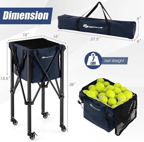 Goplus Foldable Tennis Ball Hopper, Lightweight Aluminum Tennis Ball Basket with Wheels, Removable Bag, Side Pockets, Carry Bag, Portable Sports Teaching Cart Holds 150 Tennis Balls in Saudi Arabia