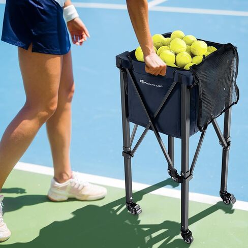 Goplus Foldable Tennis Ball Hopper, Lightweight Aluminum Tennis Ball Basket with Wheels, Removable Bag, Side Pockets, Carry Bag, Portable Sports Teaching Cart Holds 150 Tennis Balls in Saudi Arabia