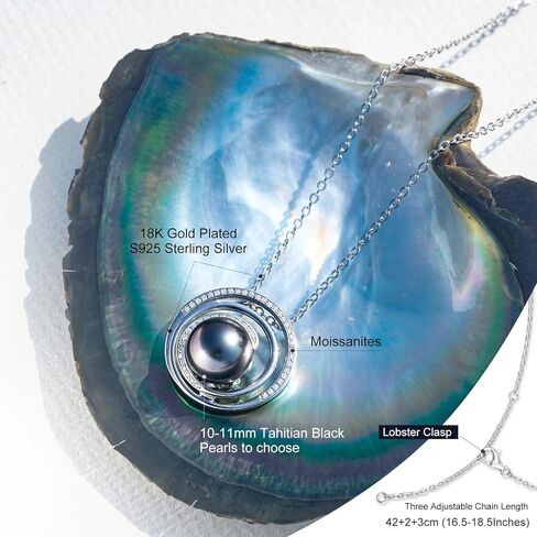 Tahitian Black Pearl Necklace, 10-11mm AAA Handpicked Natural Black Pearl Pendant with D Color Moissanite & 18K White Gold Plated Sterling Silver Chain, Luxury Gifts for Women, Mother, Girlfriend, Anniversary, Birthday, Valentines, Mothers Day in Saudi Arabia