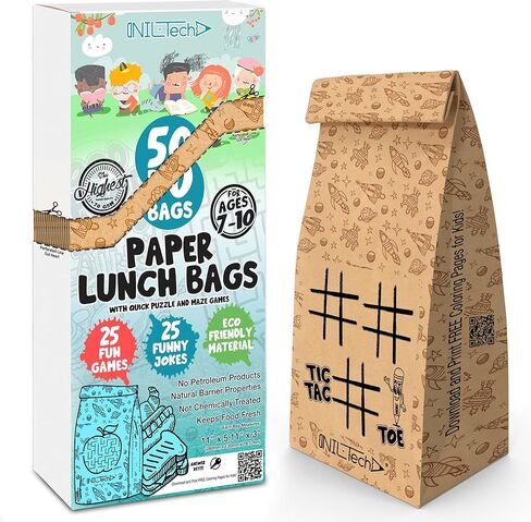Nil-Tech Kids Brown Paper Facs-Lunch Sandwich Bag مع ألعاب ونكات ، وأكياس الوجبات الخفيفة الصديقة للبيئة ، وآمنة الطعام ، وأكياس الغداء الورقية 50pc كرافت in Kuwait