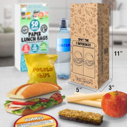 Nil-Tech Kids Brown Paper Facs-Lunch Sandwich Bag مع ألعاب ونكات ، وأكياس الوجبات الخفيفة الصديقة للبيئة ، وآمنة الطعام ، وأكياس الغداء الورقية 50pc كرافت in Kuwait