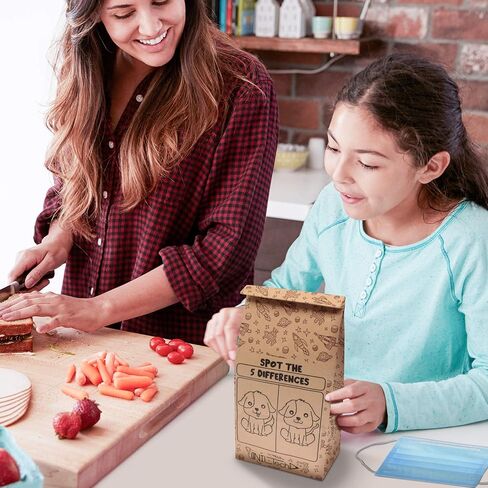 Nil-Tech Kids Brown Paper Facs-Lunch Sandwich Bag مع ألعاب ونكات ، وأكياس الوجبات الخفيفة الصديقة للبيئة ، وآمنة الطعام ، وأكياس الغداء الورقية 50pc كرافت in Kuwait