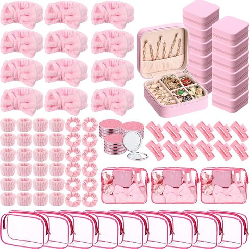 48 PCS Spa Party Formors for Girls Pink Sleepover Party Supplies 6 Bow Bow Beadband 12 Wristband 6 Scrunchies 6 Hair Clip 6 Jewelry Case 6 Makeup Bag 6 Mirror for Bridesmaid Proposal Gifts in Kuwait