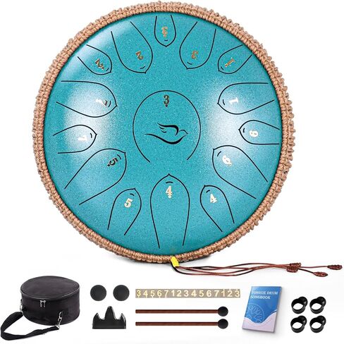 Steel Tongue Drum, 12 Inch 15 Note Tongue Drums, Handpan Drums Percussion Instrument for Kids & Adults, Hand Pan Drum with Music Book, Drum Mallets and Carry Bag, Major C (Malachite Green) in Saudi Arabia