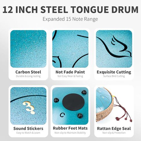 Steel Tongue Drum, 12 Inch 15 Note Tongue Drums, Handpan Drums Percussion Instrument for Kids & Adults, Hand Pan Drum with Music Book, Drum Mallets and Carry Bag, Major C (Malachite Green) in Saudi Arabia